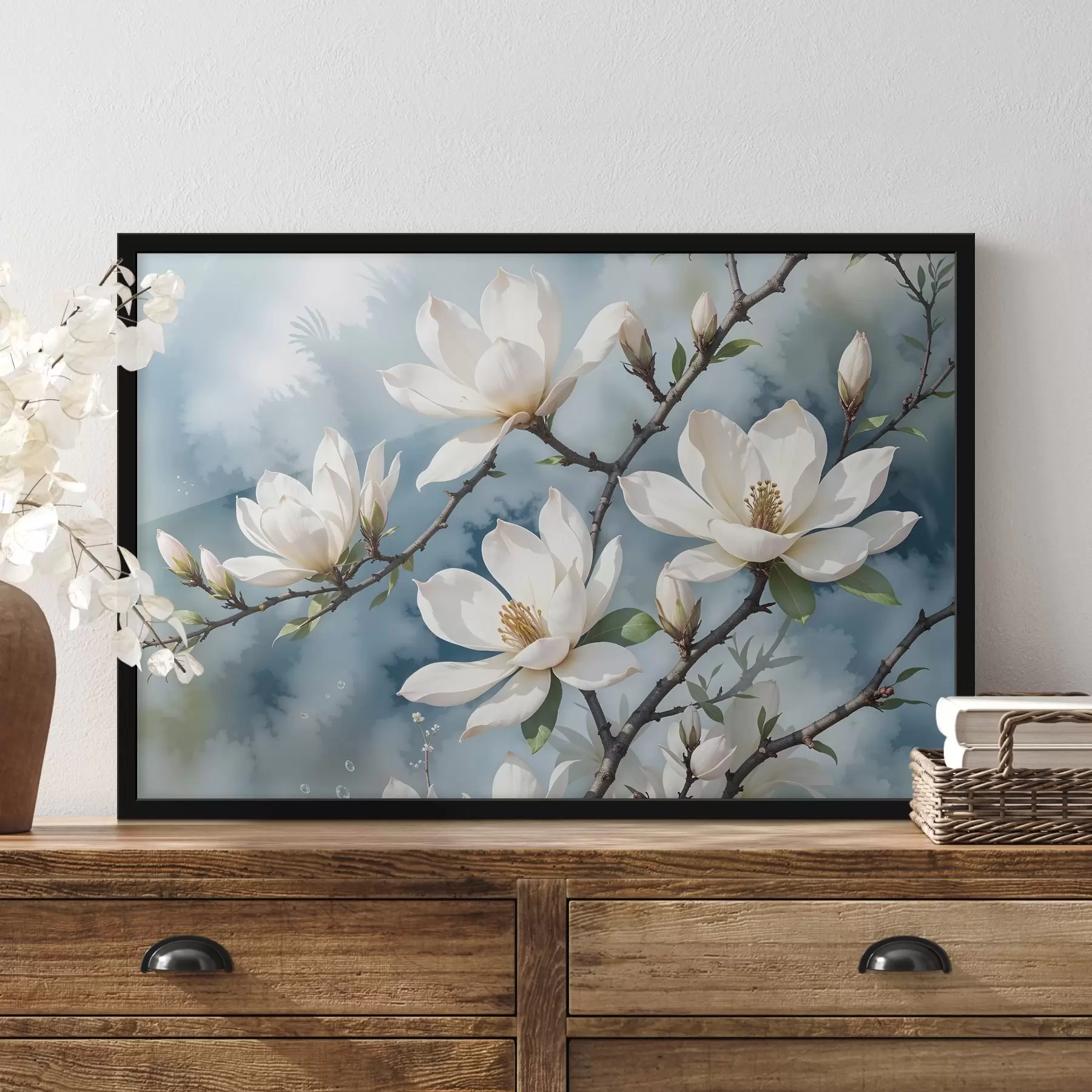 fototapet Flori albe magnolia înflorit pe ramuri de copac pe un fundal albastru albastru acuarelă moale cer f41081