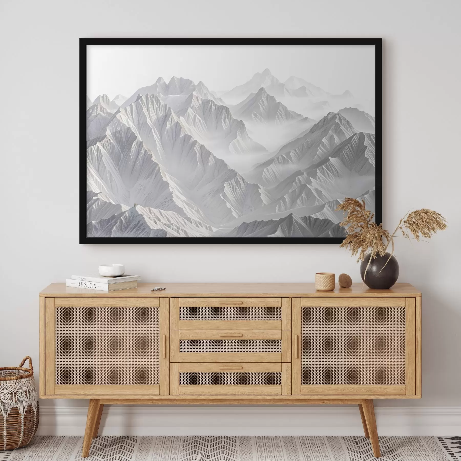 Tablouri Vârfuri de munte minimaliste cu zăpadă într-un peisaj încețoșat, cețos f41083