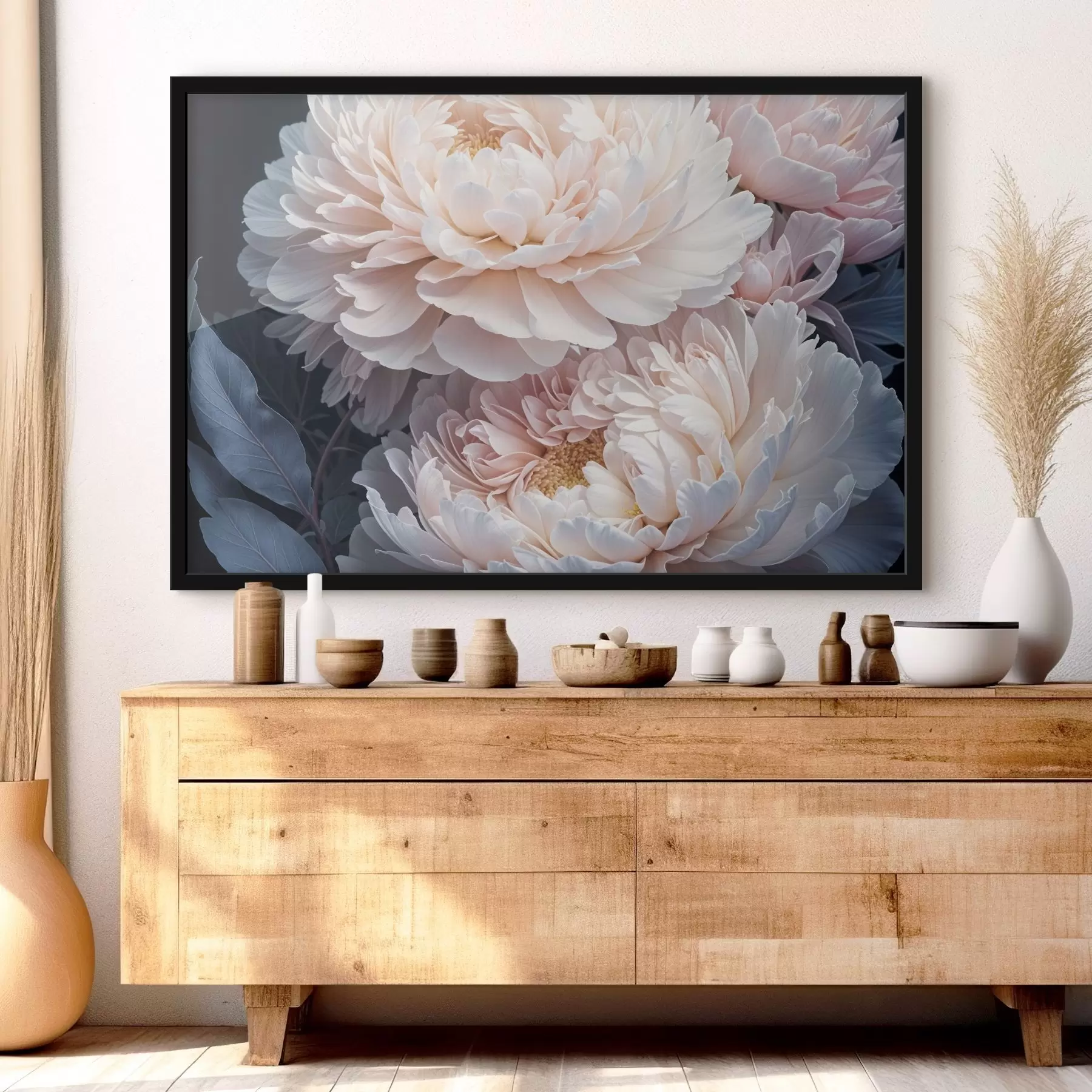 fototapet Bujori delicate roz pastel cu petale moi, pufoase și frunze albastre pe un fundal închis f41092