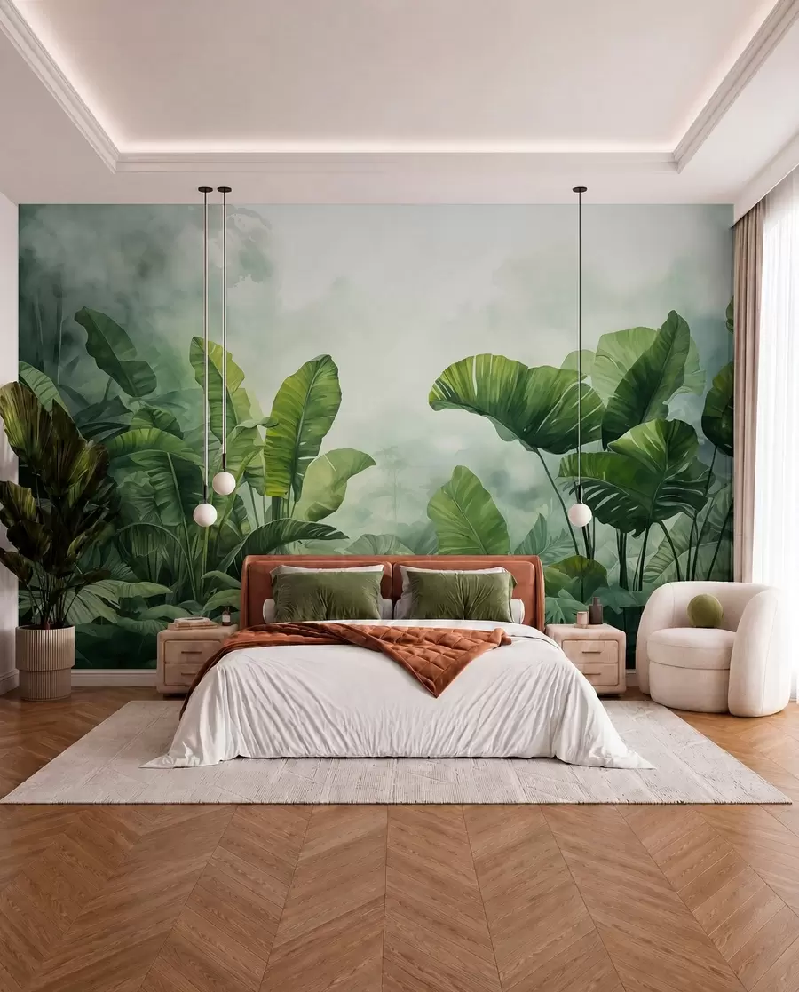 fototapet Frunze tropicale în junglă pe fundalul de ceață acuarelă umedă w01868