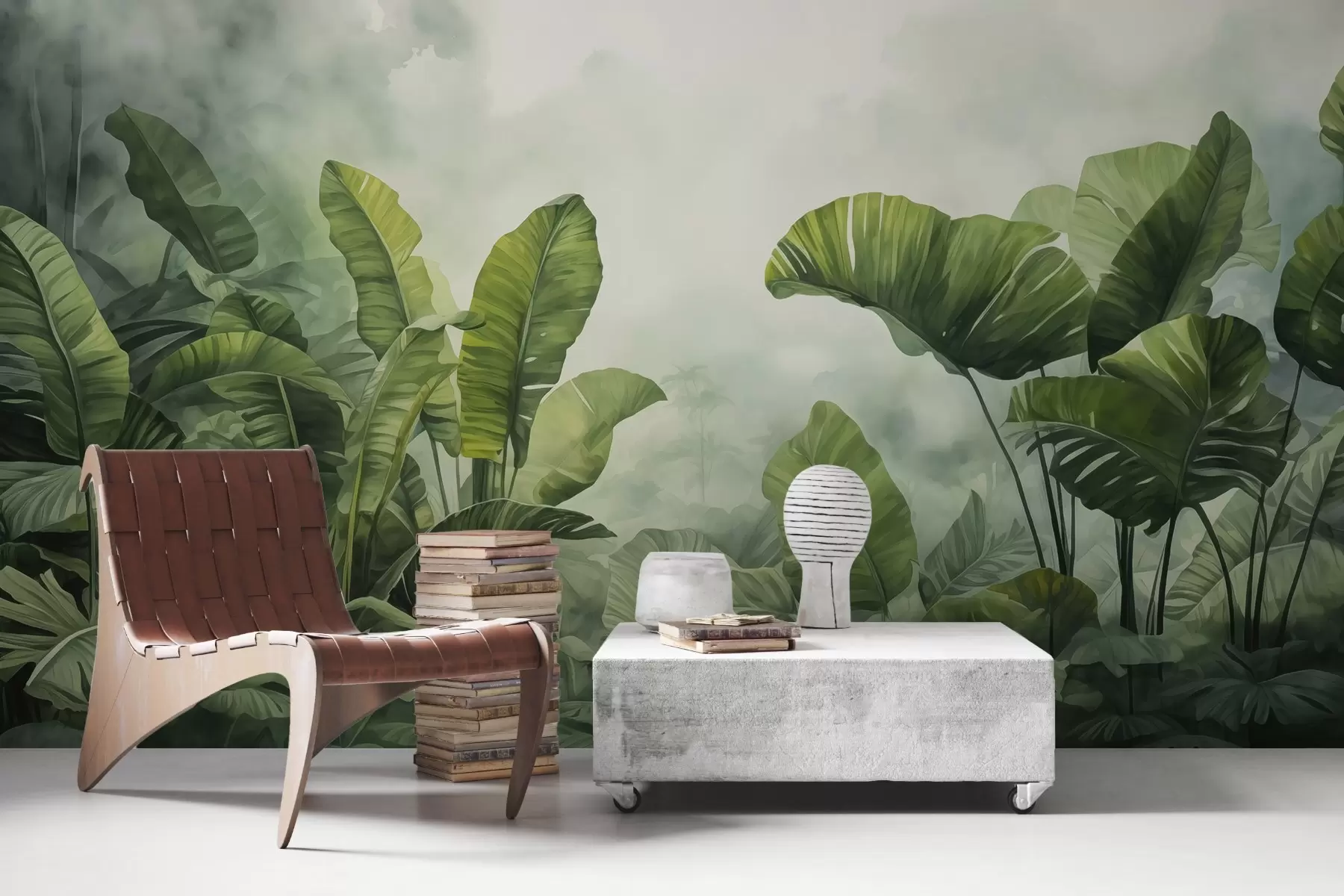 fototapet Frunze tropicale în junglă pe fundalul de ceață acuarelă umedă w01868