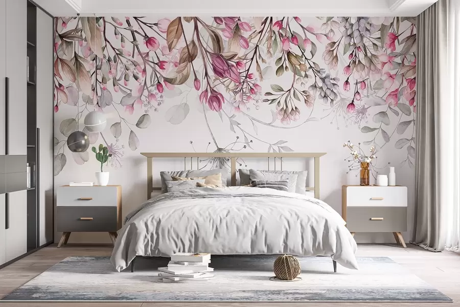fototapet Delicate ramuri florale roz și alb cu frunze și petale, pe fundal gri pastel w08347