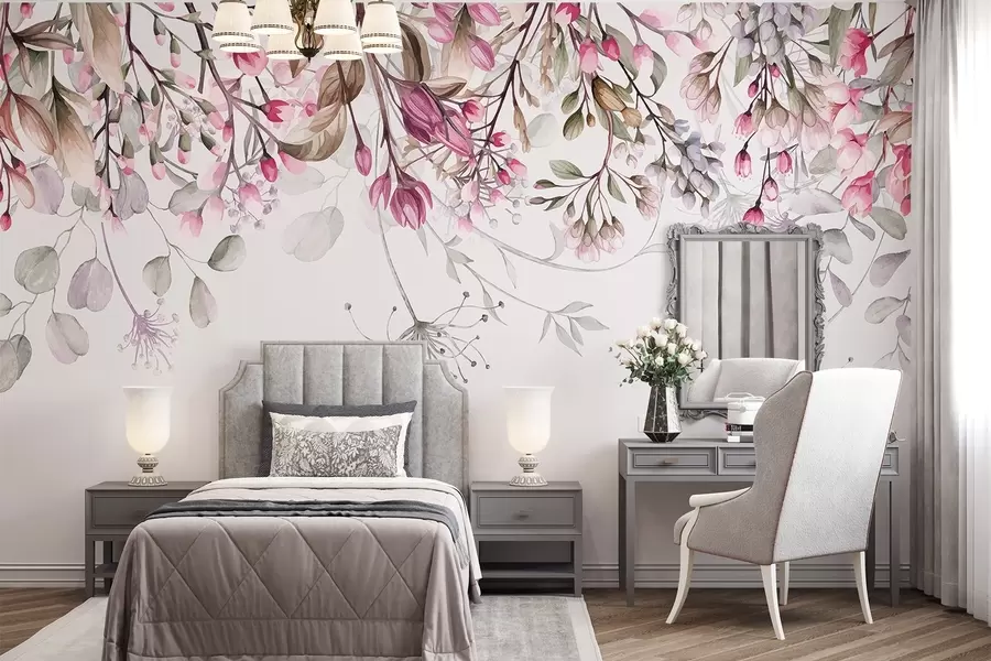 fototapet Delicate ramuri florale roz și alb cu frunze și petale, pe fundal gri pastel w08347