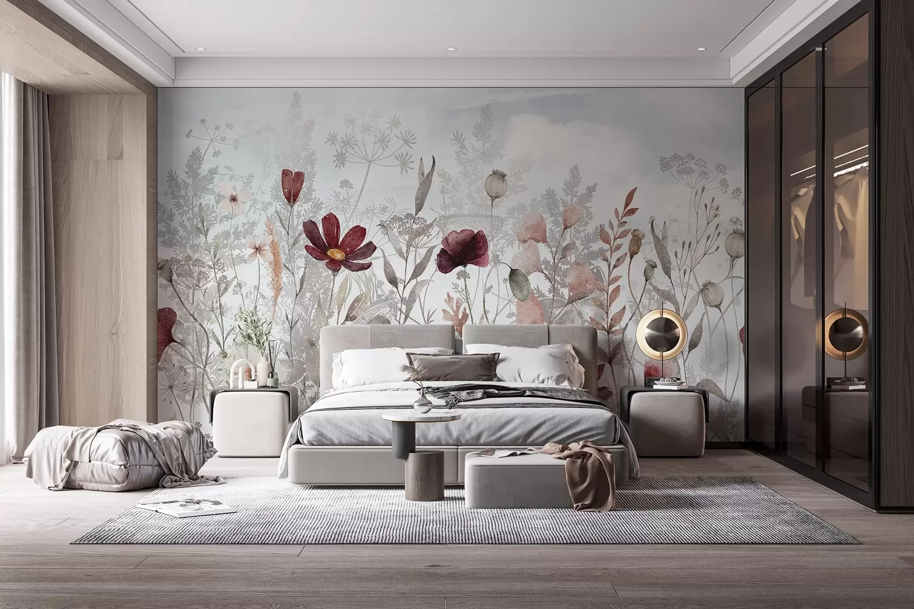 fototapet Un câmp de flori sălbatice colorate, inclusiv flori roșii, roz și albe cu frunze subțiri pe un fundal moale w08349