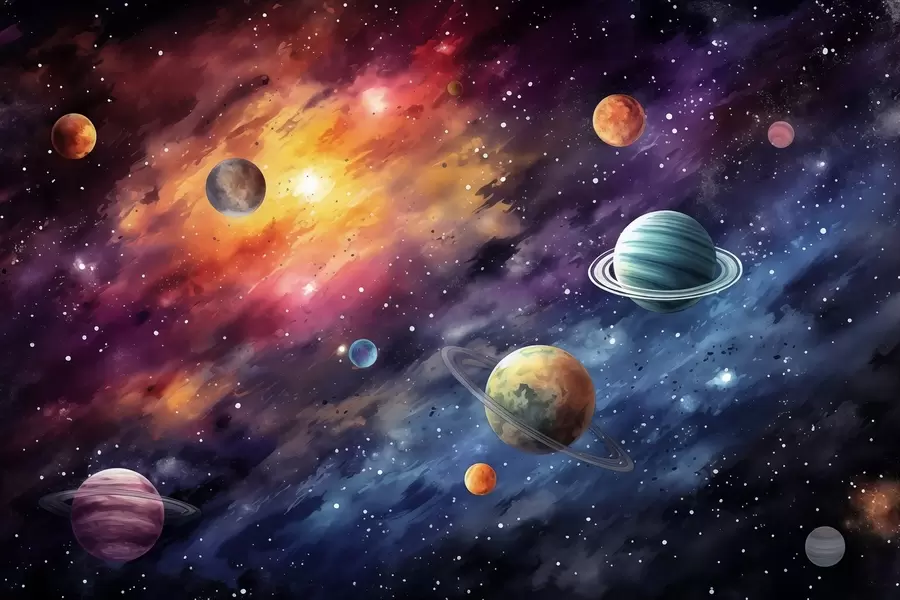 fototapet Spațiu cu planete și stele, acuarelă, cosmic w01798