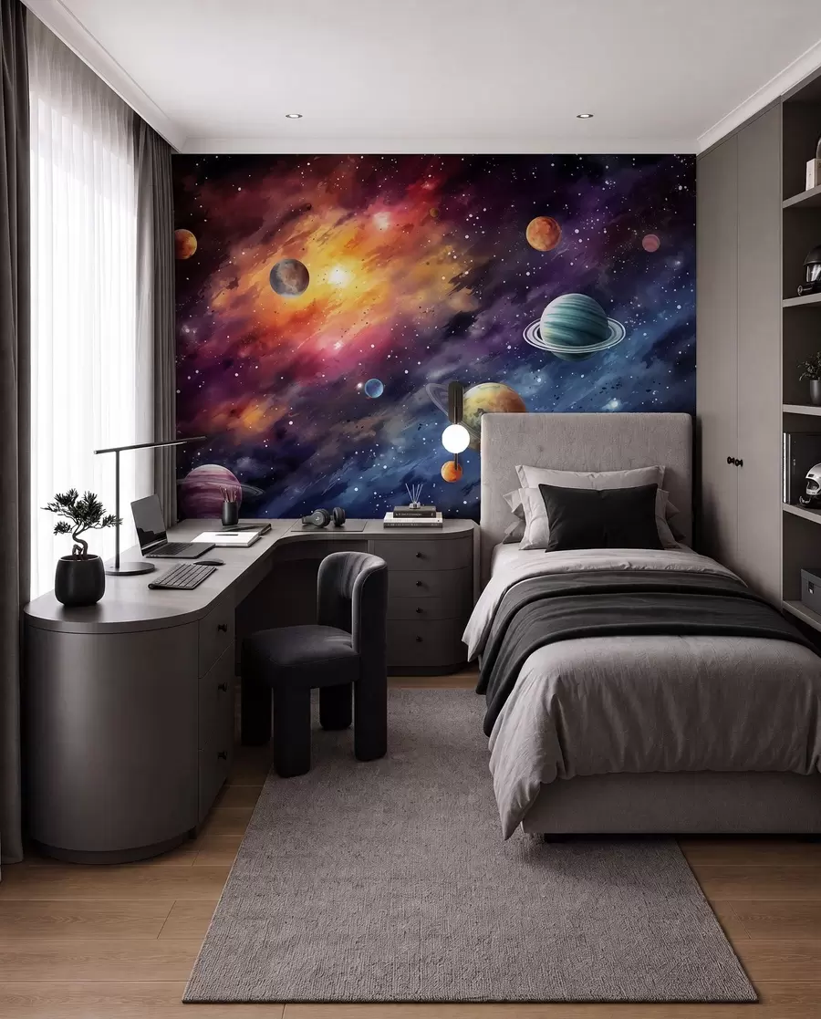 fototapet Spațiu cu planete și stele, acuarelă, cosmic w01798