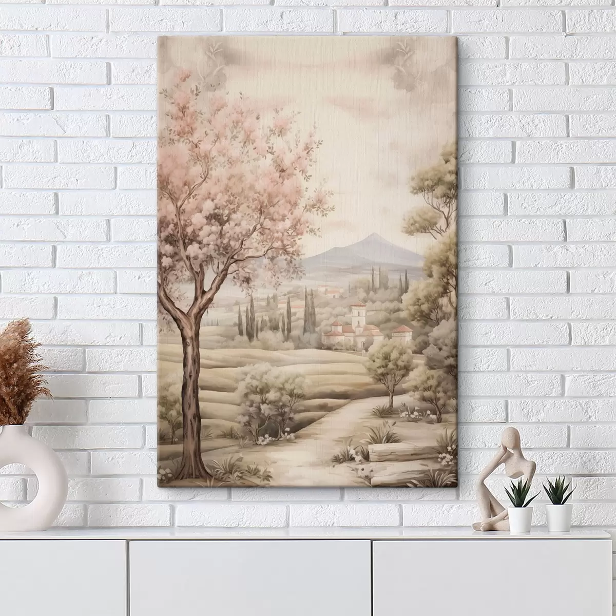 Tablouri Acuarela dealuri, floare cireș copac, castel, stil rustic s41225