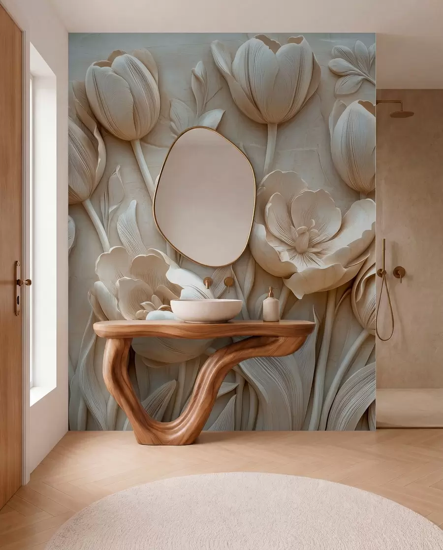 fototapet artă florală 3D cu lalele grațioase în culoarea bej w01851