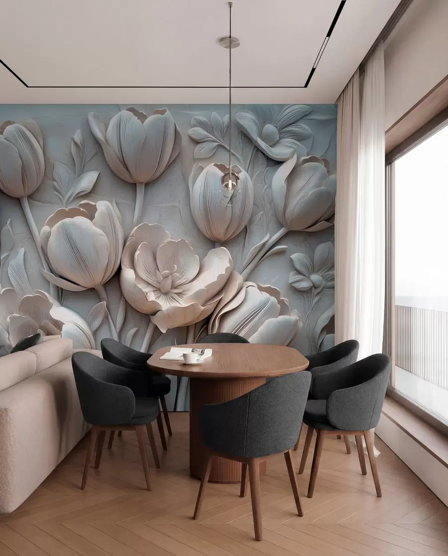 fototapet artă florală 3D cu lalele grațioase în culoarea gri w01851v1