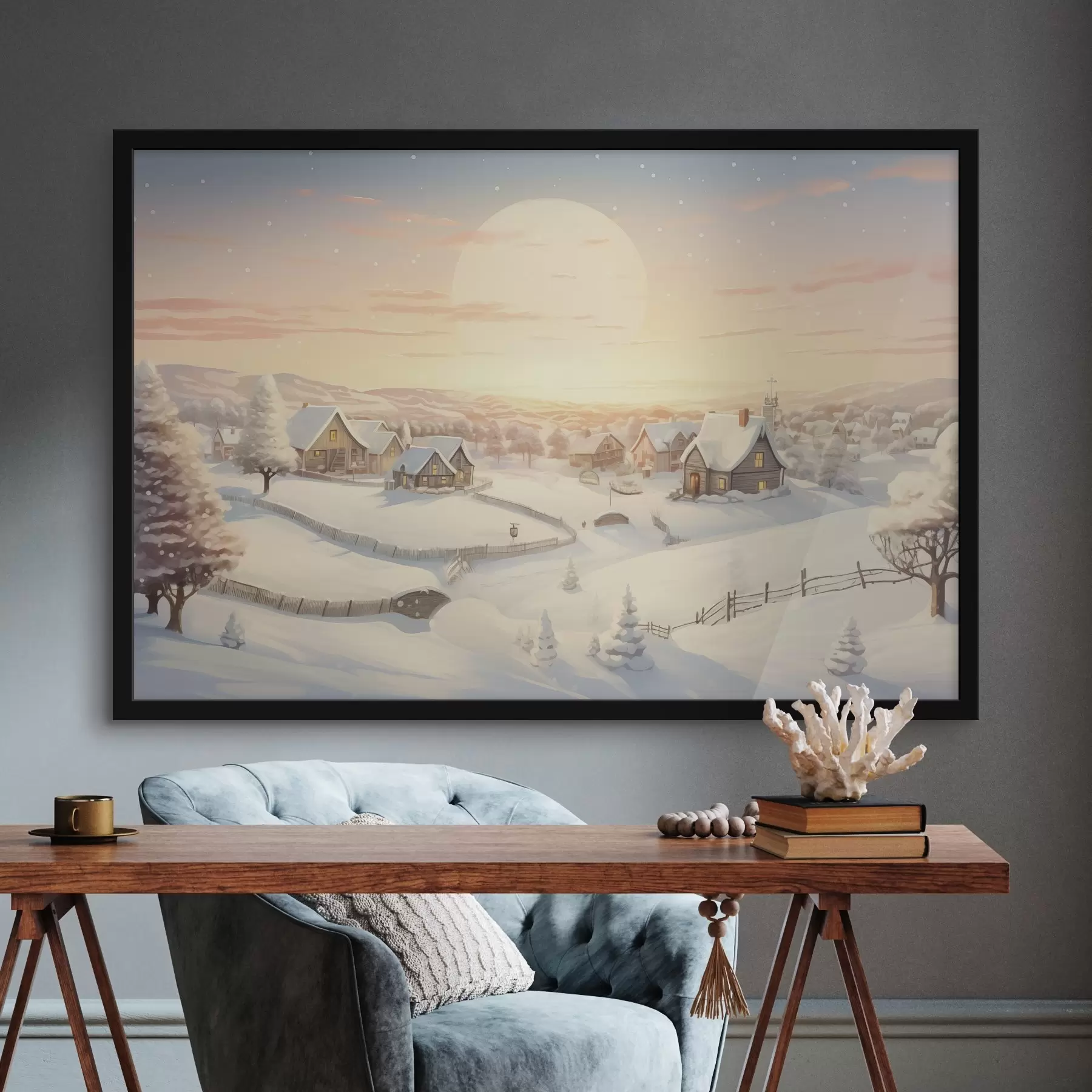 fototapet Sat de iarnă în apus de soare, case acoperite cu zăpadă, copaci de pin f41380