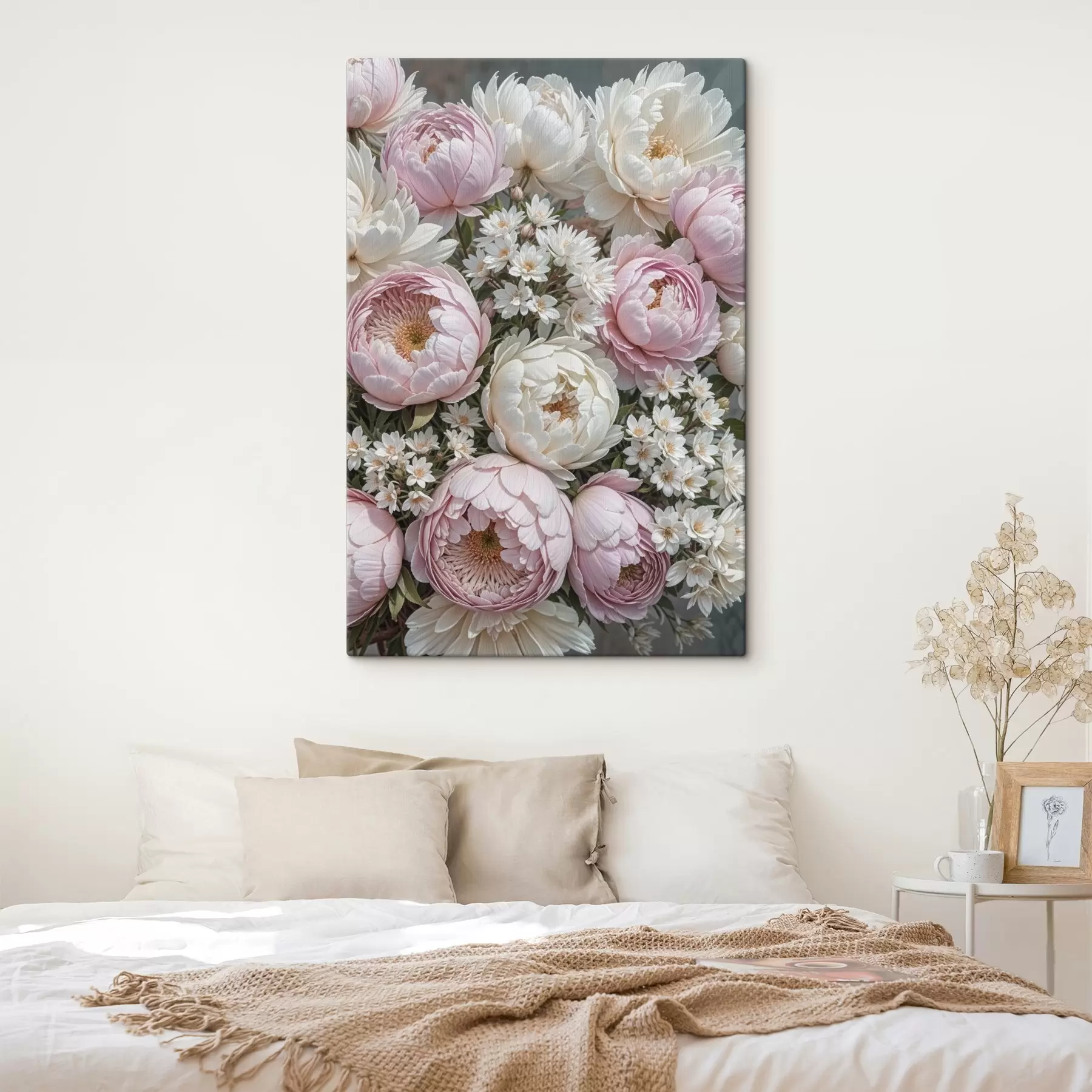 Tablouri Un buchet de bujori roz pastel și margarete albe, aranjate într-o frumoasă compoziție florală s41255