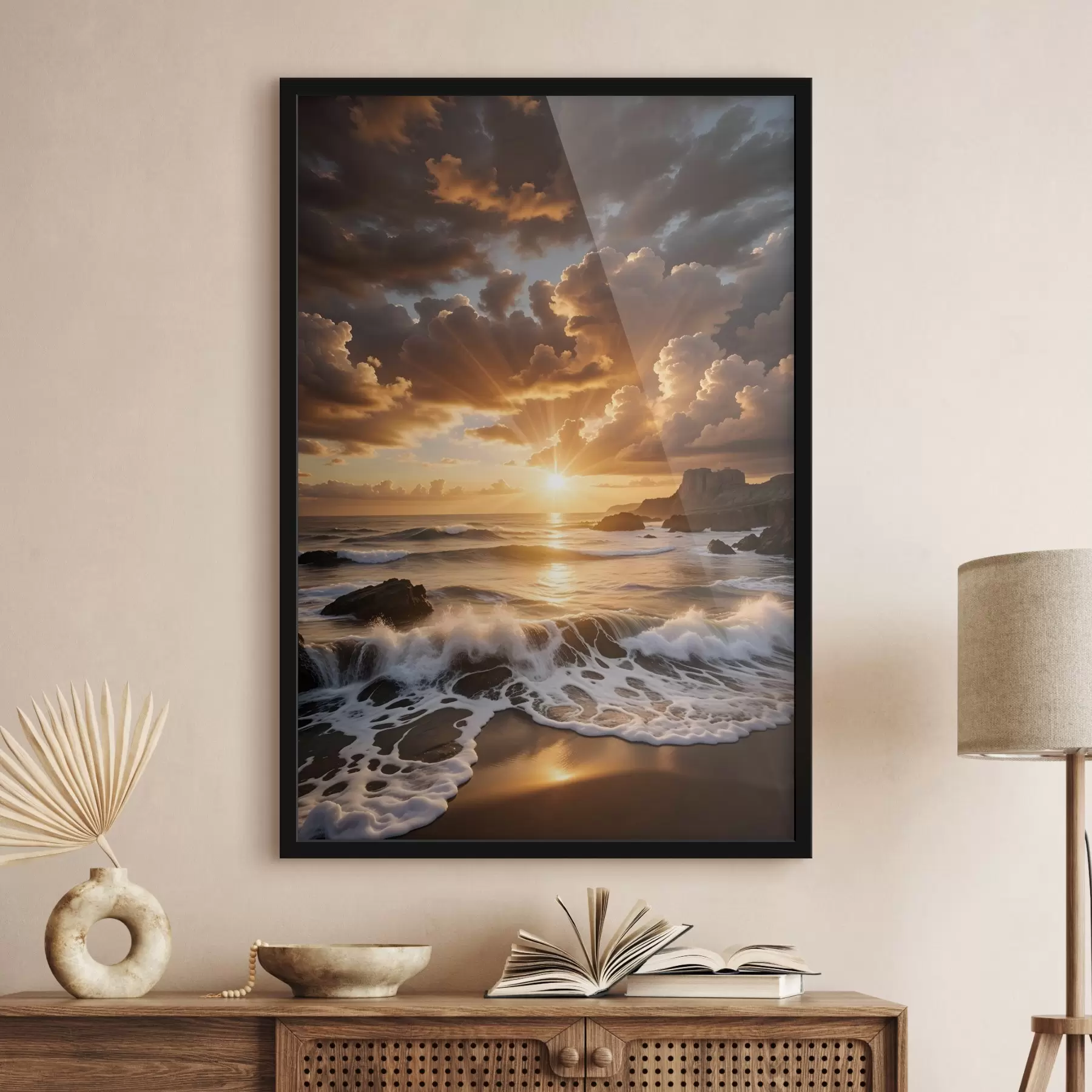 fototapet Un apus de soare dramatic pe o coastă stâncoasă, cu valuri care se sparg și nori dramatici pe cer f41245