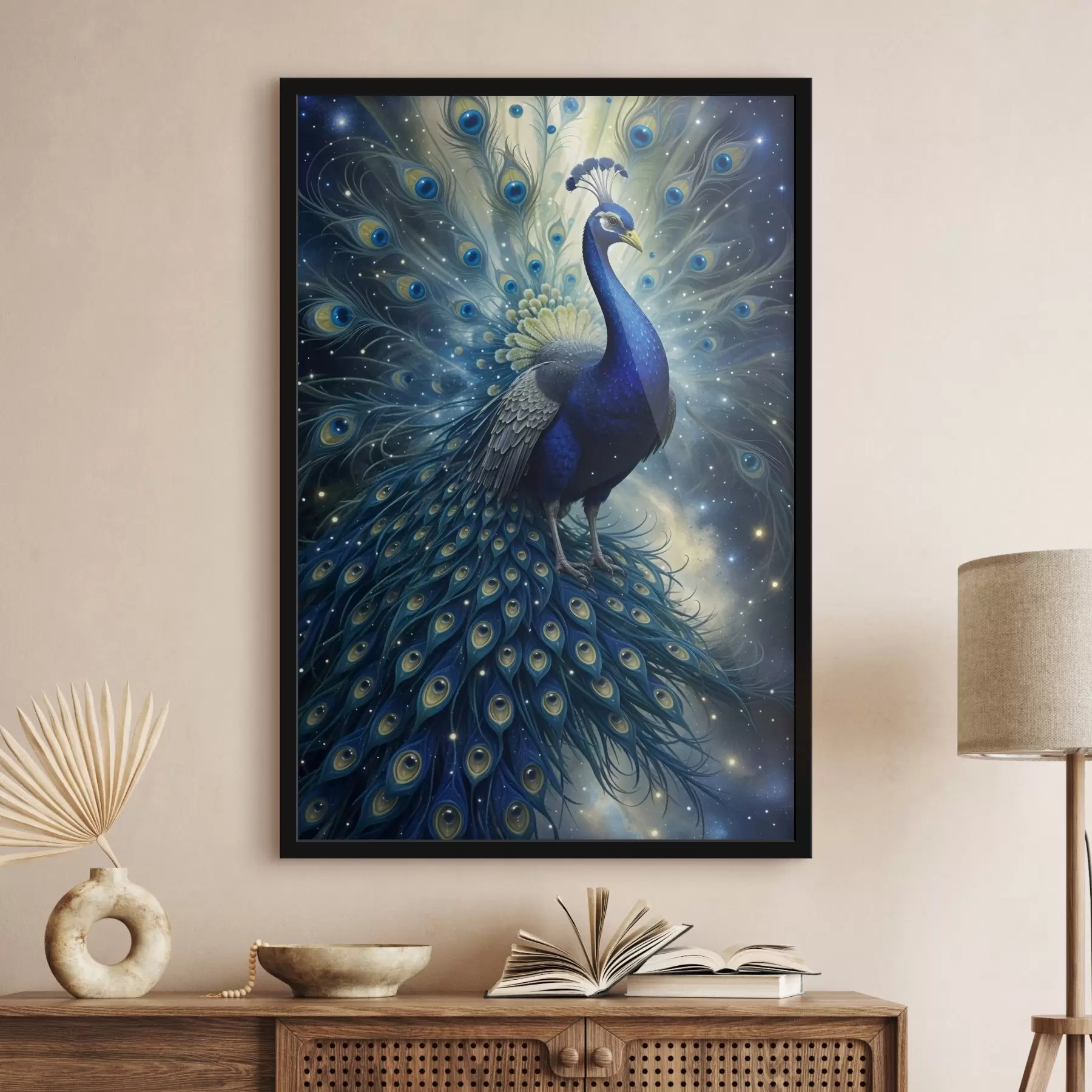 fototapet Un păun vibrant și maiestuos pe un cer înstelat de noapte, creând o atmosferă magică și eterică f41256