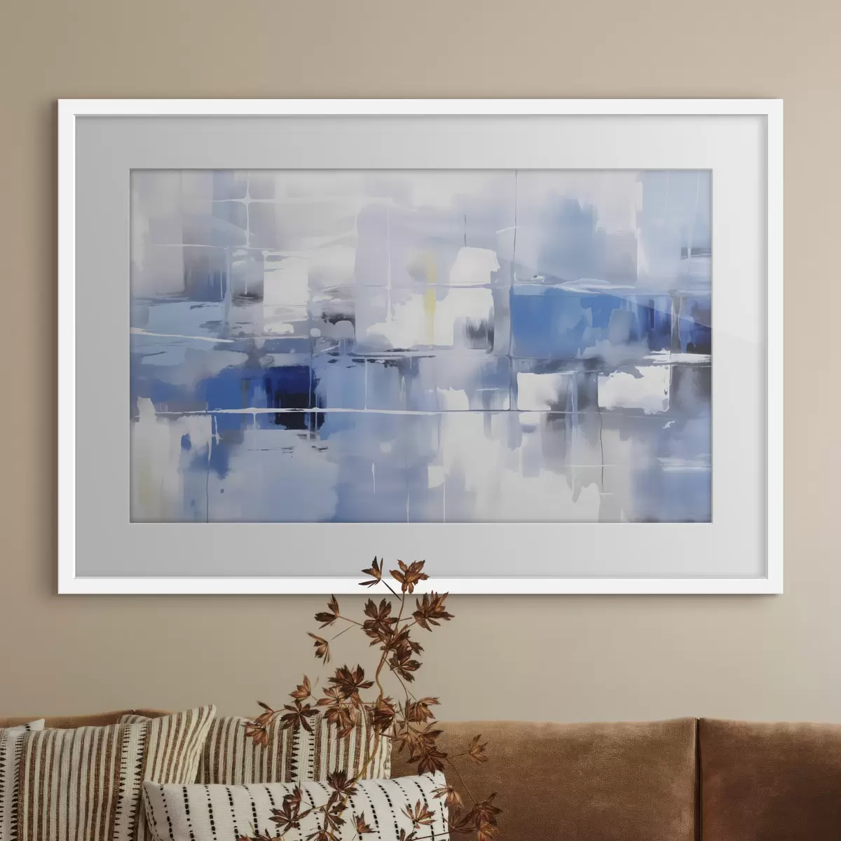 Poster O abstracție modernă în nuanțe de albastru, alb și gri, cu linii și forme neclare f41269