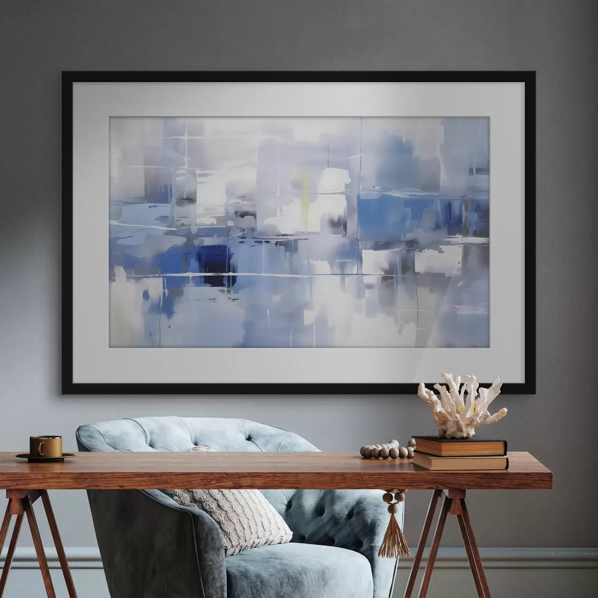 Poster O abstracție modernă în nuanțe de albastru, alb și gri, cu linii și forme neclare f41269