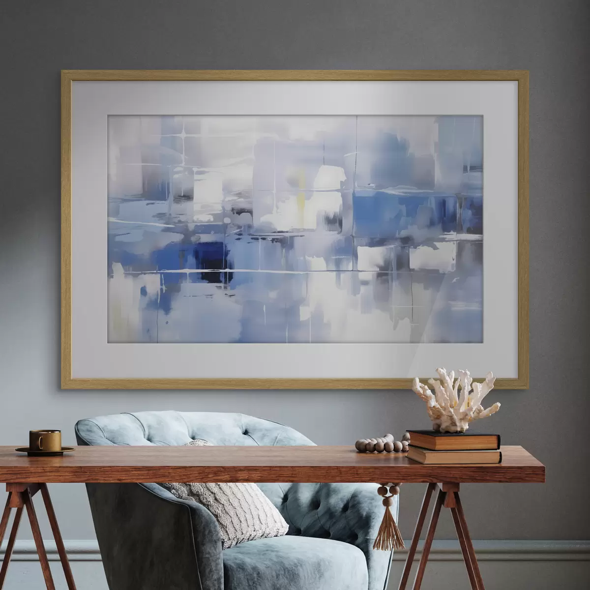 Poster O abstracție modernă în nuanțe de albastru, alb și gri, cu linii și forme neclare f41269