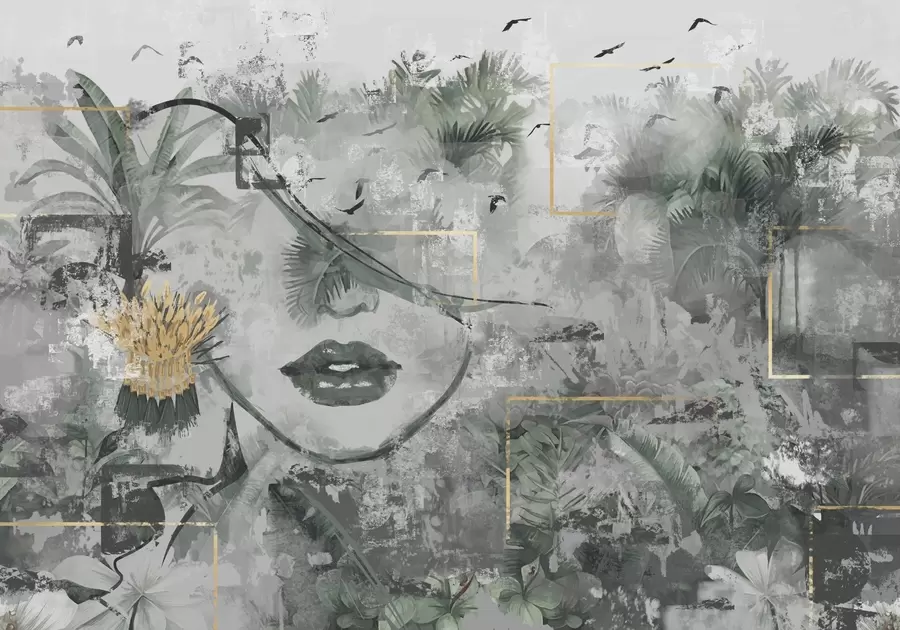 fototapet Grunge pădure tropicală și fata fata fata silueta w01916