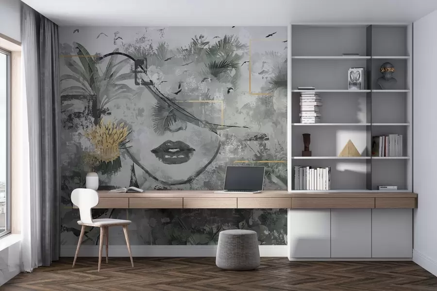 fototapet Grunge pădure tropicală și silueta feței unei fete w01916d1