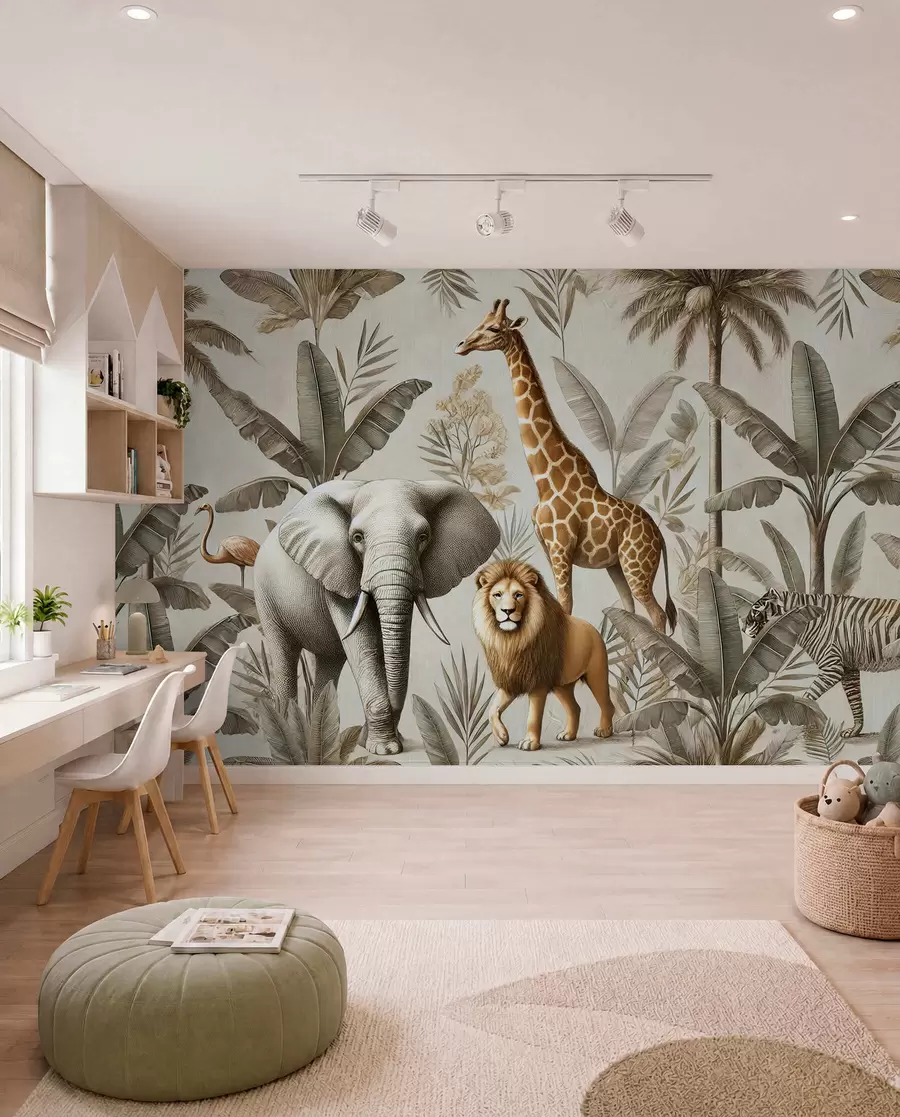 fototapet Safari tapet pentru copii cu peisaj tropical și diverse animale în culori elegante w01956