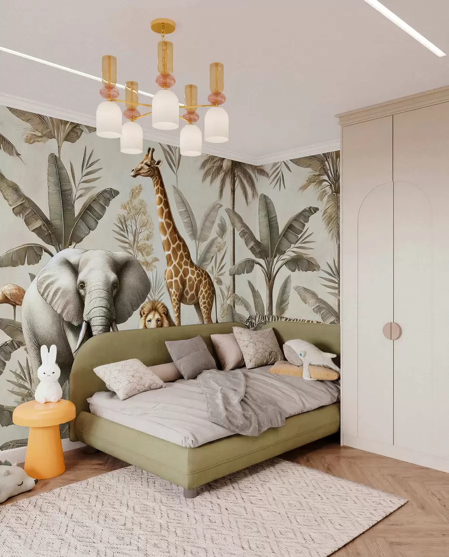 fototapet Safari tapet pentru copii cu peisaj tropical și diverse animale în culori elegante w01956