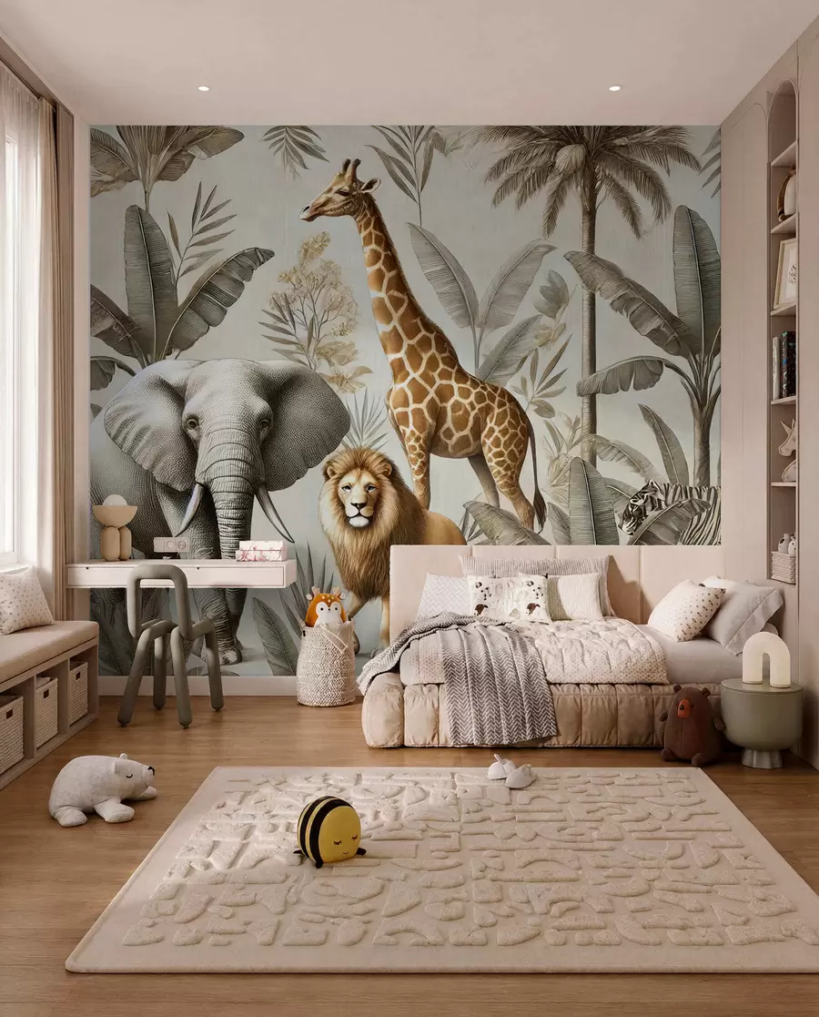fototapet Safari tapet pentru copii cu peisaj tropical și diverse animale în culori elegante w01956