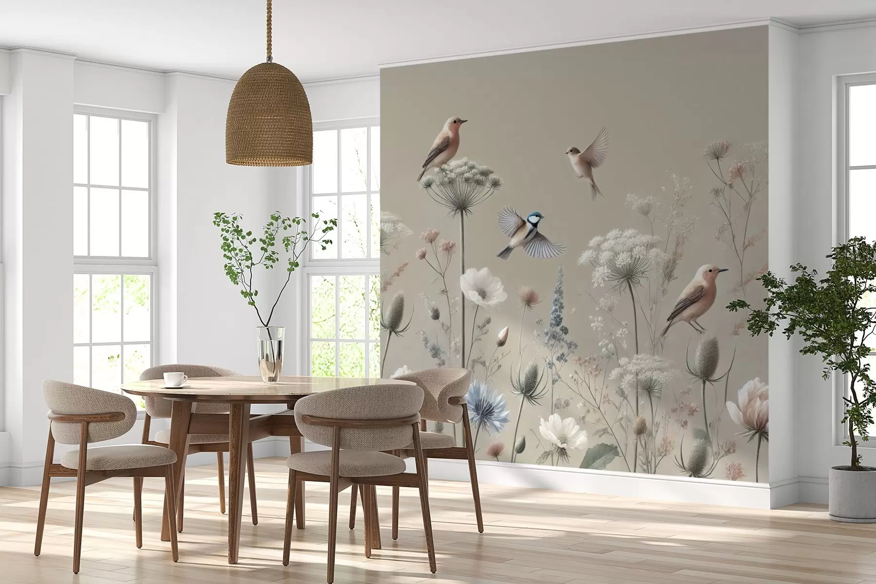 fototapet Delicate flori sălbatice cu păsări pe un fundal bej w01958