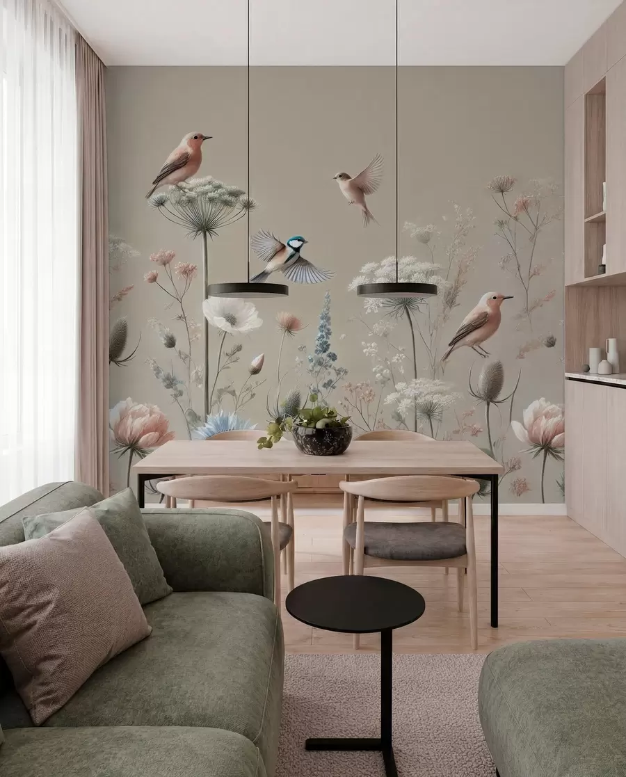 fototapet Delicate flori sălbatice cu păsări pe un fundal bej w01958