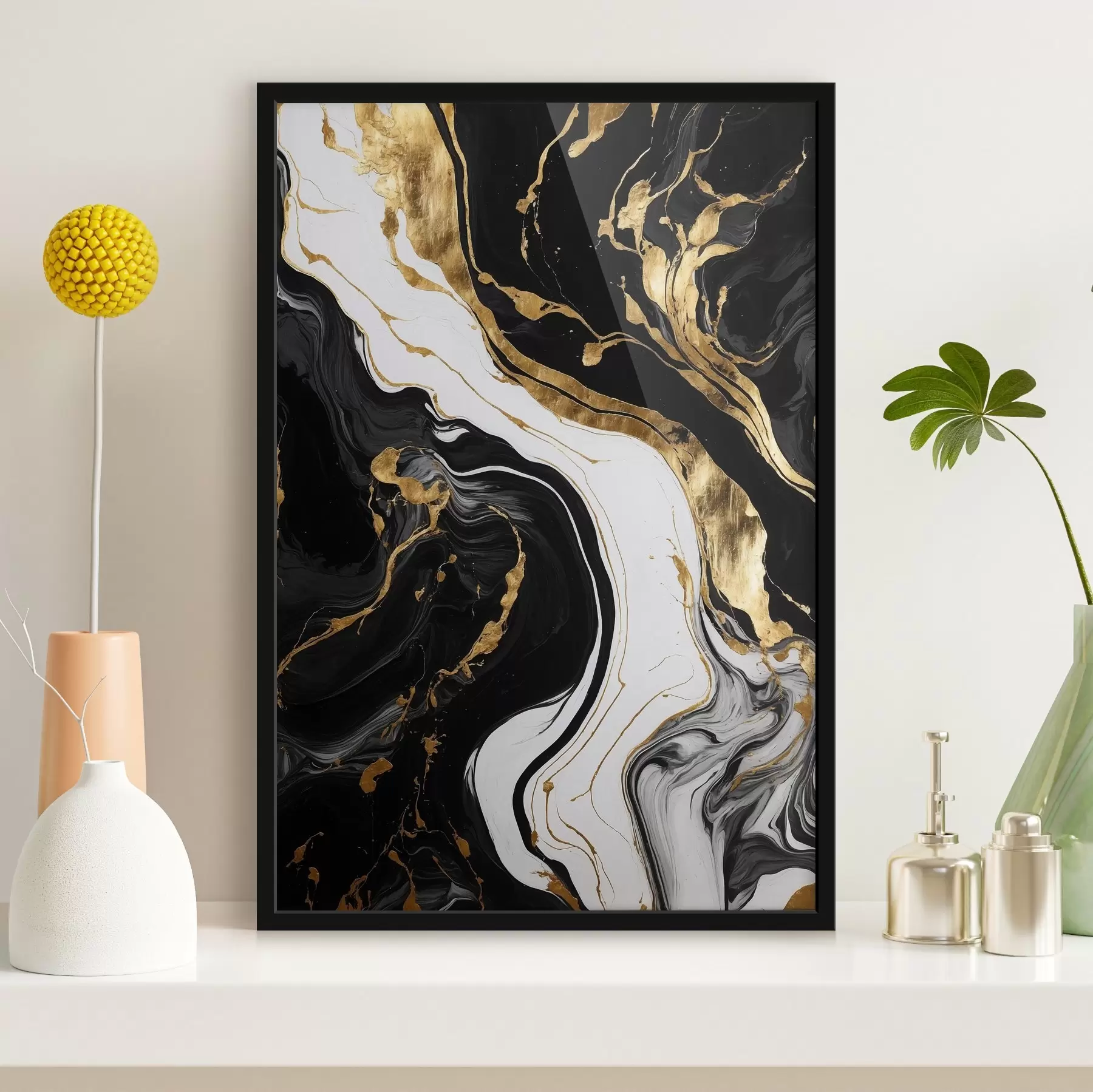 fototapet Pictură abstractă alb-negru cu pete galbene f41292