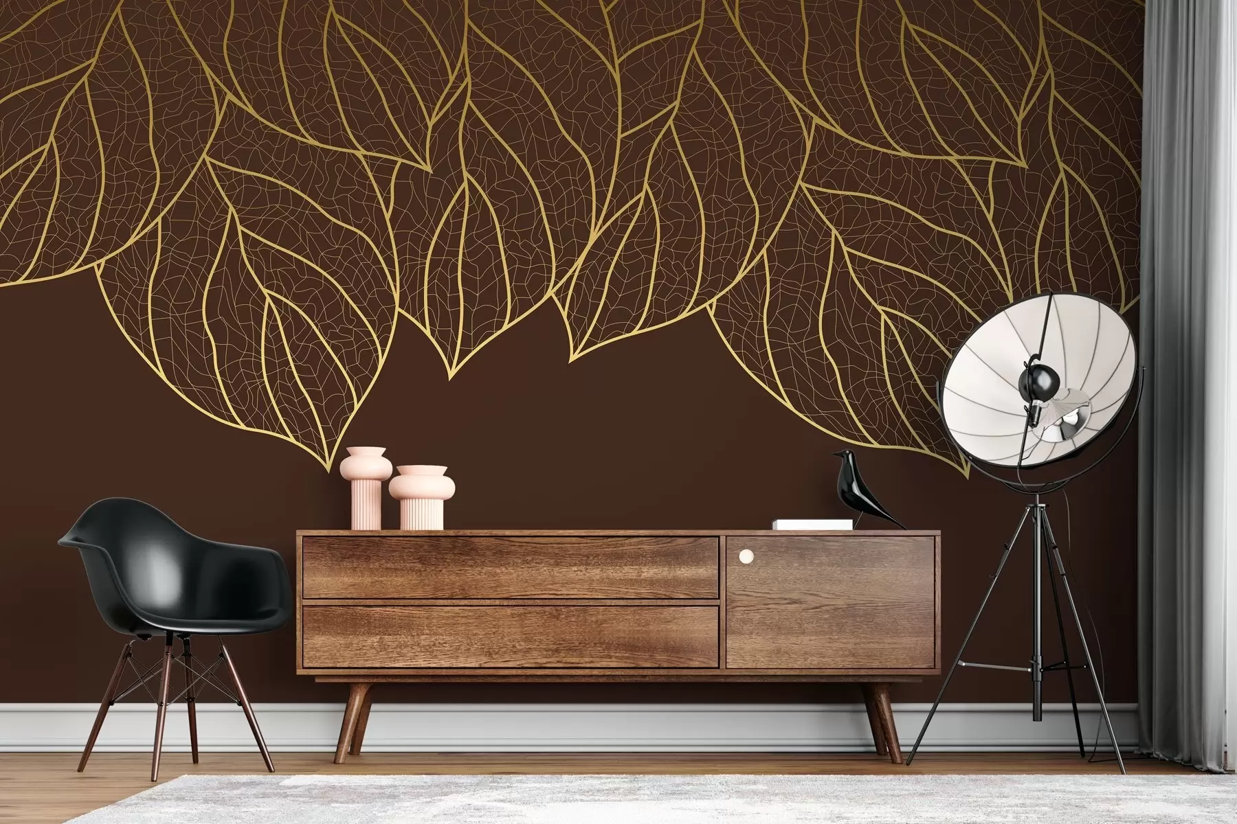 fototapet Minimalist tapet siluete de frunze mari galbene cu vene pe un fundal de ciocolată  w01960v2