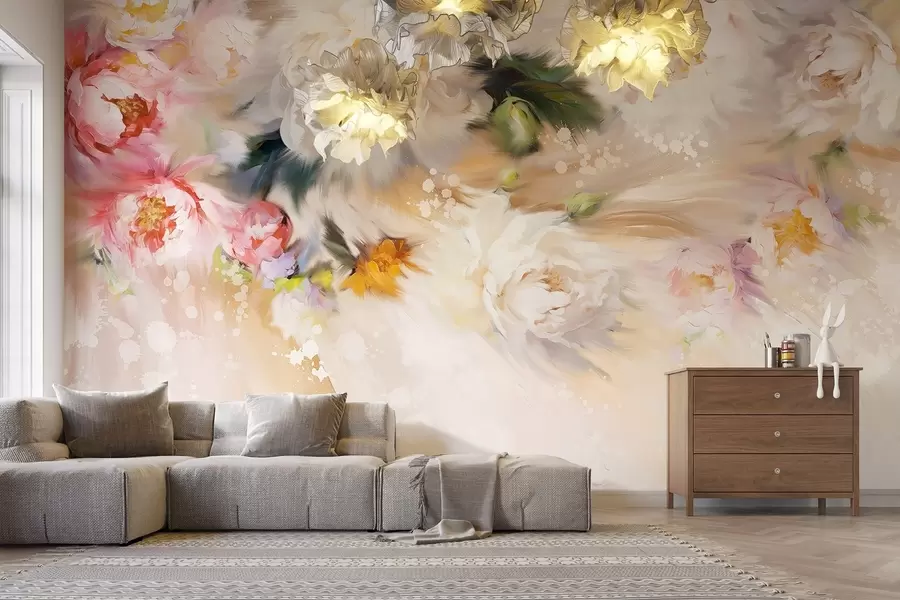 fototapet Acrilic bujori, tușe de pensulă, floral, culori bej pastelate moi w02021v2