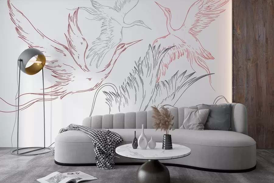 fototapet Păsări care zboară, minimalism, line art, natură, culori gri și roșu w02061v1