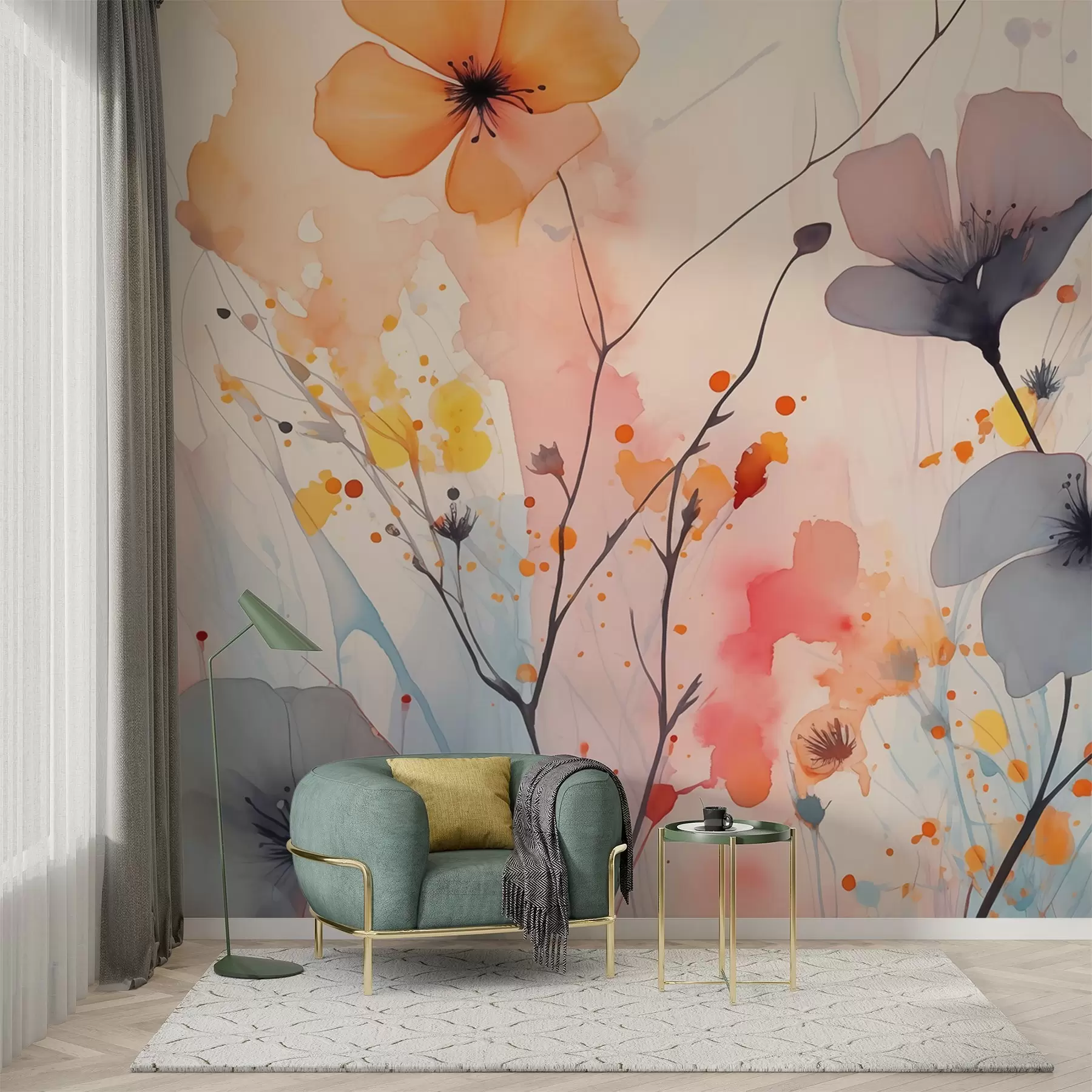 fototapet Abstract flori luminoase și ramuri cu stropi de vopsea acuarelă umedă w02049