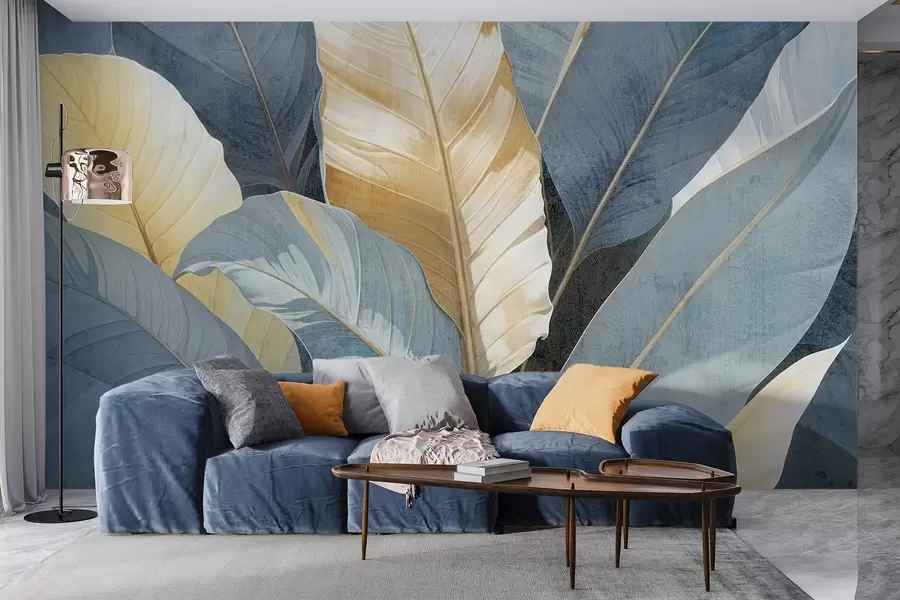 fototapet O vedere de aproape a frunzelor tropicale decorative mari, luxuriante și texturate în nuanțe de albastru, verde și galben w08373