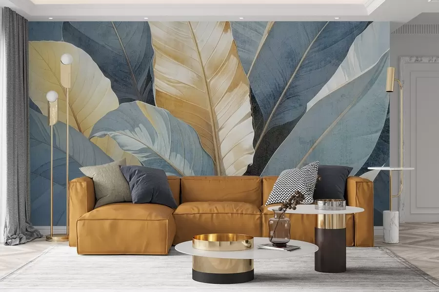 fototapet O vedere de aproape a frunzelor tropicale decorative mari, luxuriante și texturate în nuanțe de albastru, verde și galben w08373