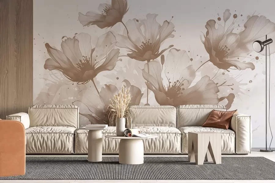 fototapet Delicate flori maro cu petale moi, neclare și stropi de acuarelă pe un fundal deschis w08376v1