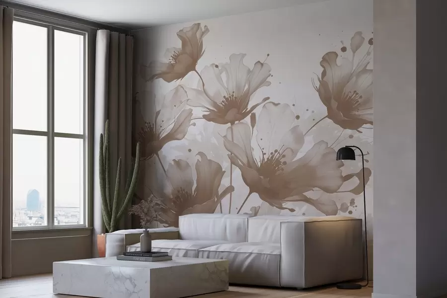 fototapet Delicate flori maro cu petale moi, neclare și stropi de acuarelă pe un fundal deschis w08376v1