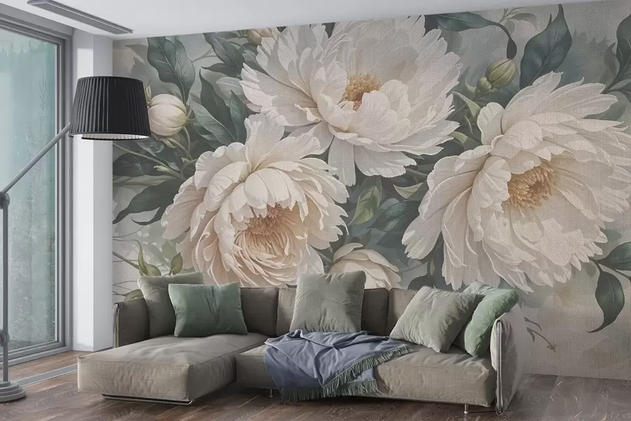 fototapet Flori mari texturate de bujor alb cu frunze verzi, un aranjament floral luxuriant și romantic w08377