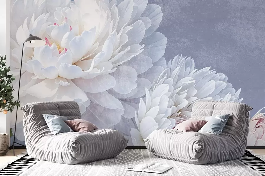 fototapet Flori de bujor albe detaliate, cu petale moi, delicate, pe un fundal texturat albastru pastel deschis w08379