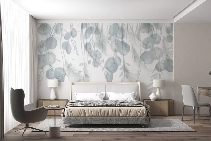 fototapet Frunze delicate de eucalipt gri și verde pastel care cad, creând o atmosferă senină și liniștitoare w08380