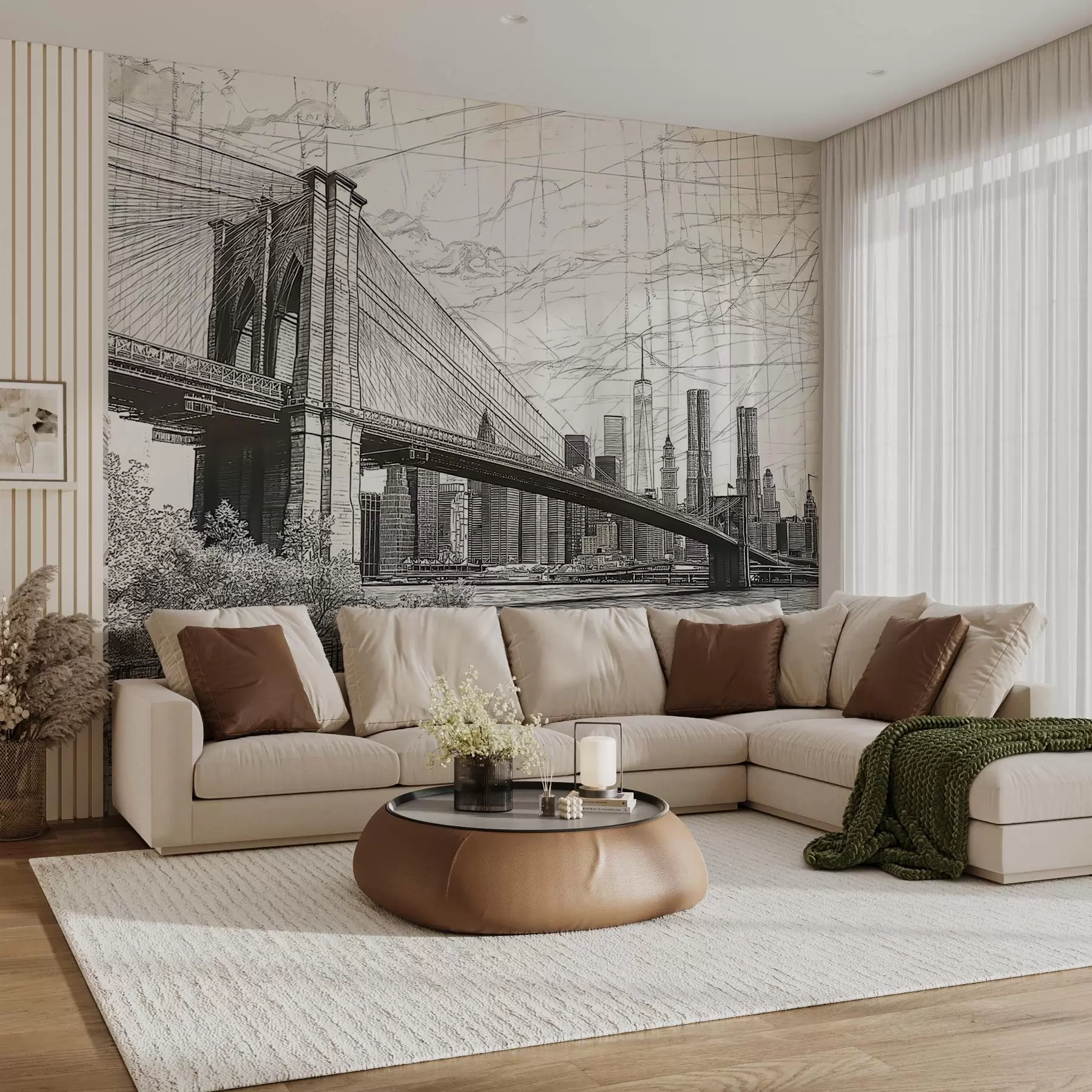 fototapet Panoramă a podului Brooklyn realizată într-o tehnică retro schițată cu linii și zgârieturi w01961