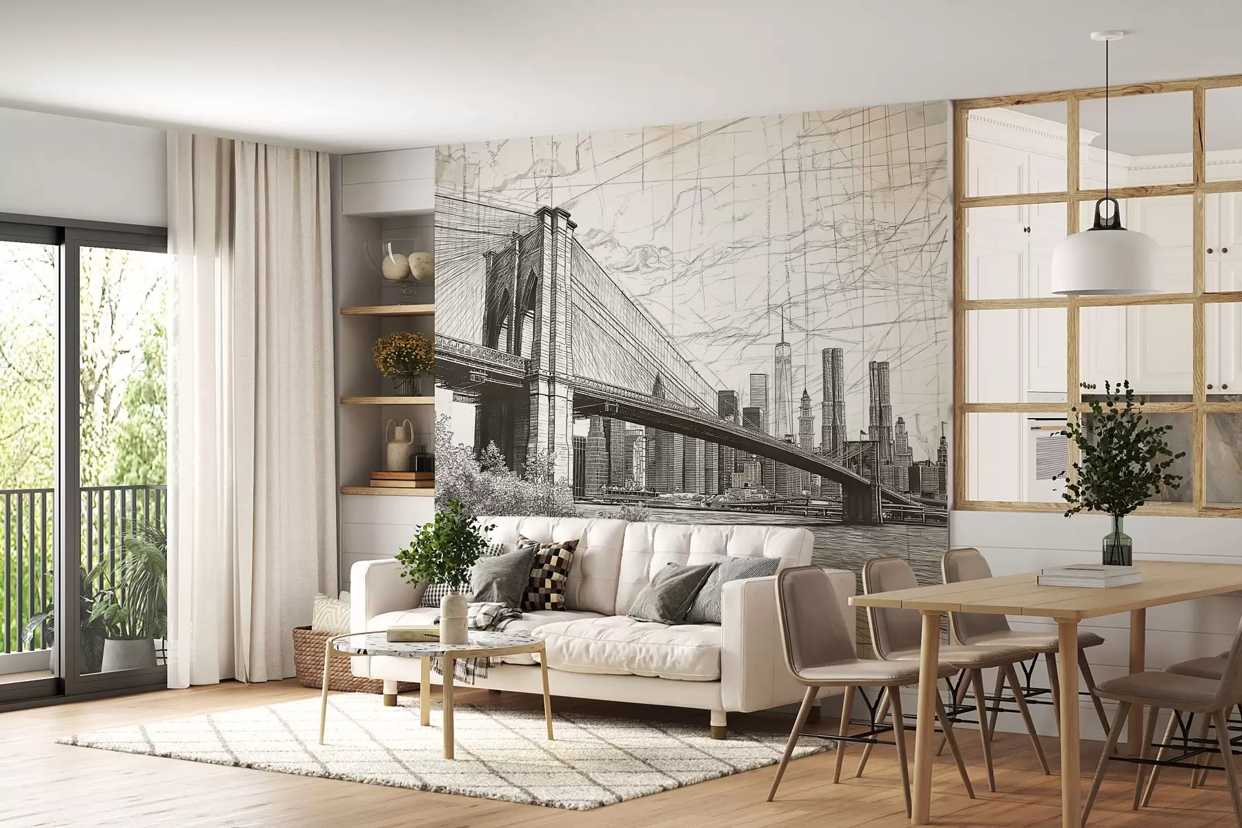 fototapet Panoramă a podului Brooklyn realizată într-o tehnică retro schițată cu linii și zgârieturi w01961