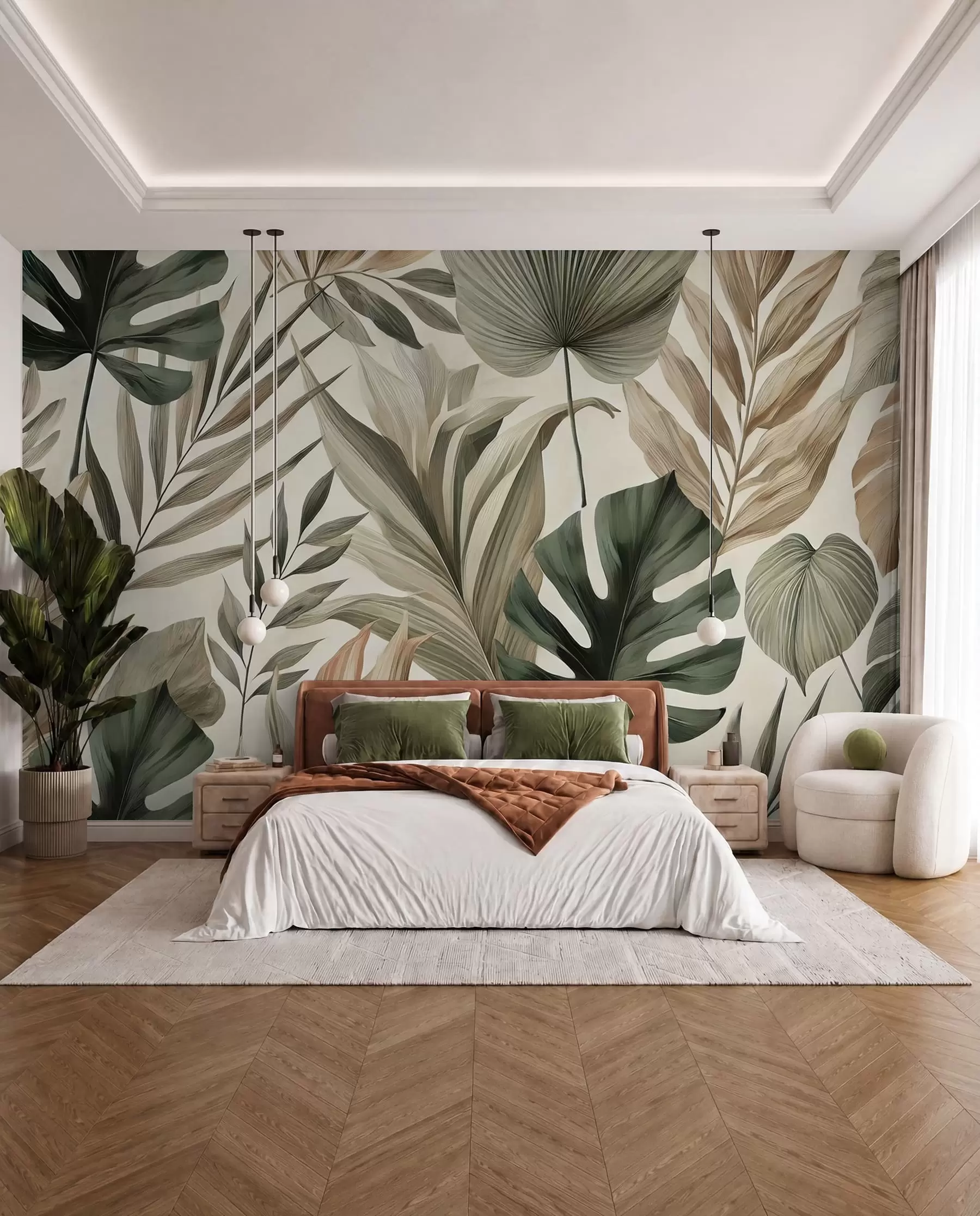 fototapet Frunze tropicale mari în nuanțe pastelate delicate reținute w02082