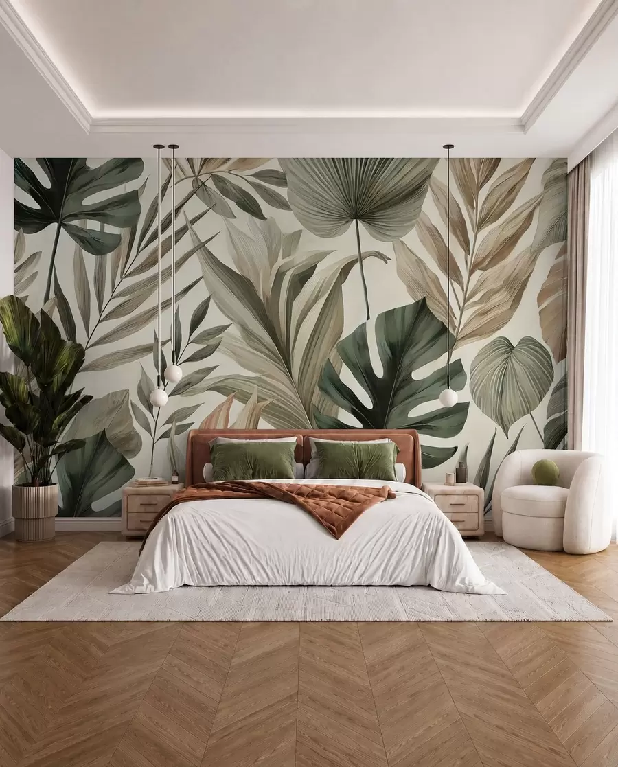 fototapet Frunze tropicale mari în nuanțe pastelate delicate reținute w02082