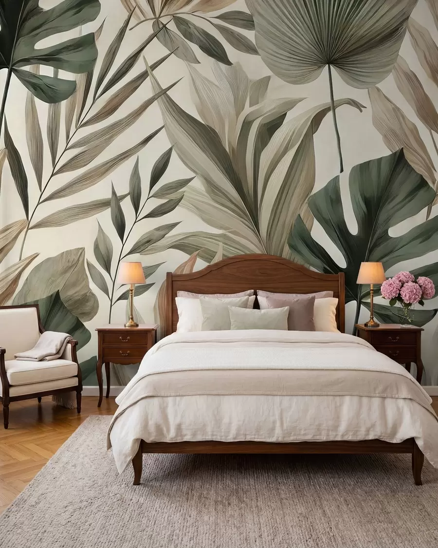fototapet Frunze tropicale mari în nuanțe pastelate delicate reținute w02082