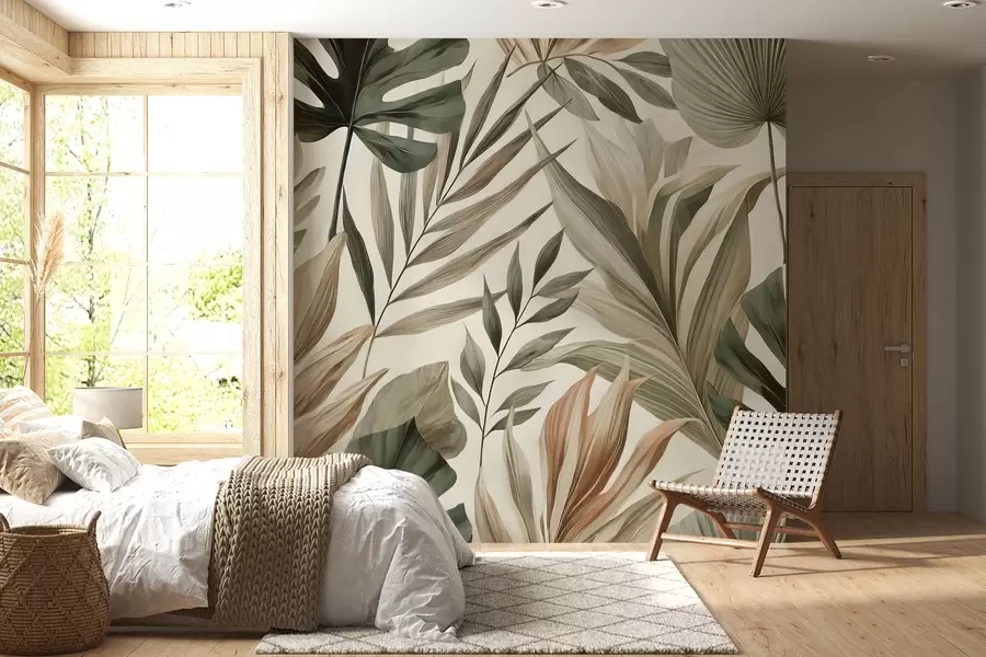 fototapet Frunze tropicale mari în nuanțe pastelate delicate reținute w02082