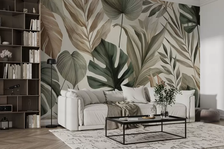 fototapet Frunze tropicale mari în nuanțe pastelate delicate reținute w02082