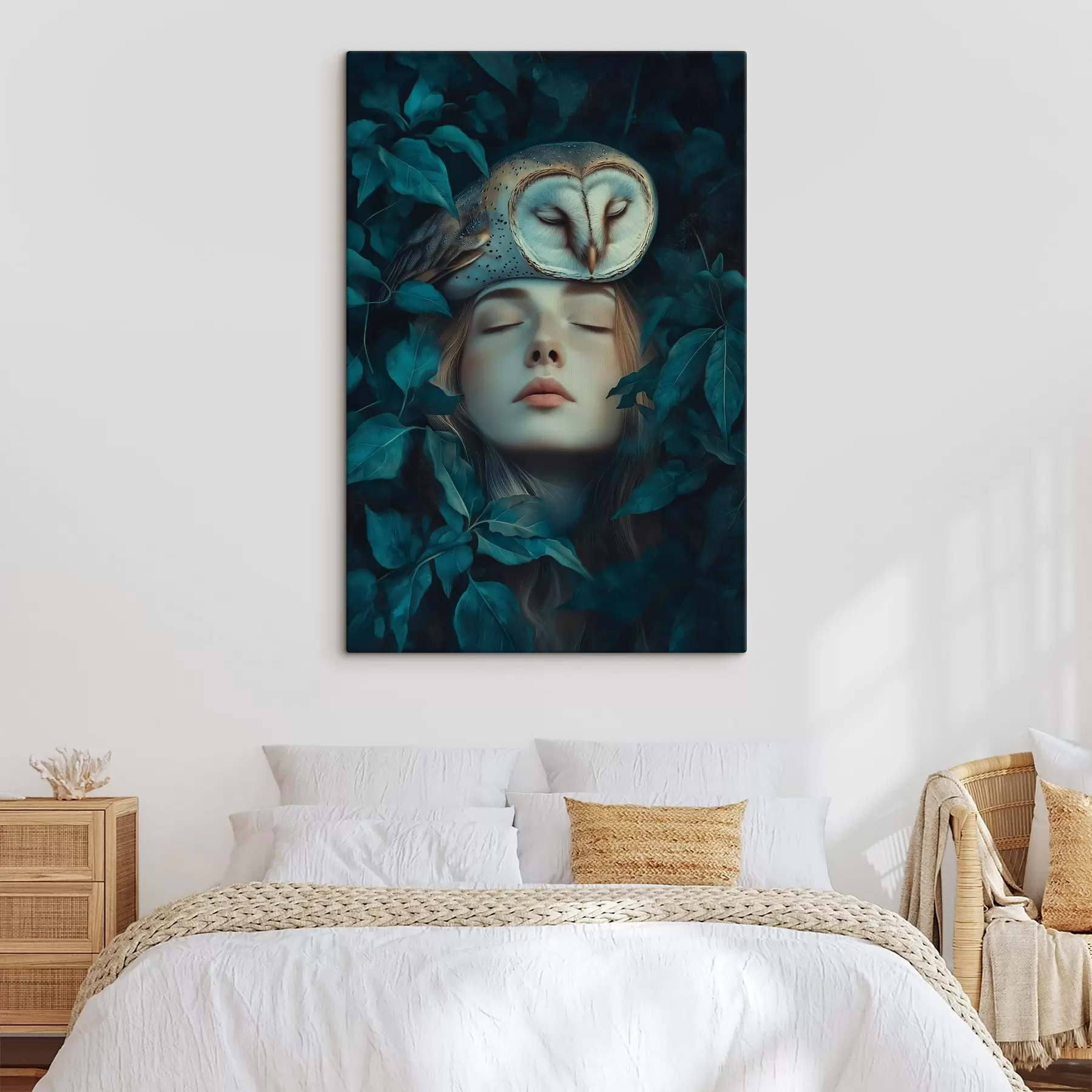 fototapet Femeie cu bufniță în frunze verzi, liniștită, natură s41445