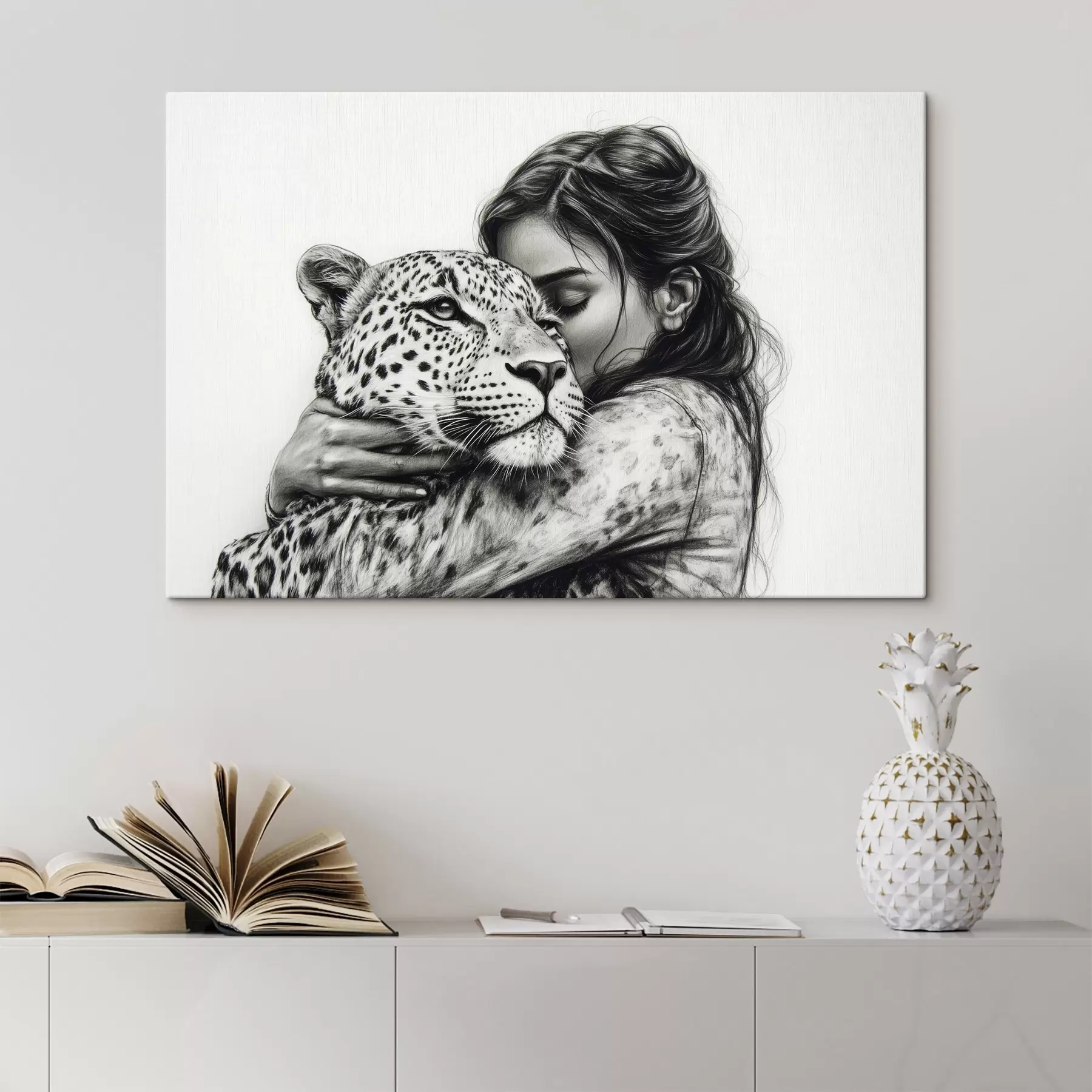 Tablouri Femeie cu leopard, animale sălbatice, desen în creion, alb-negru s41455