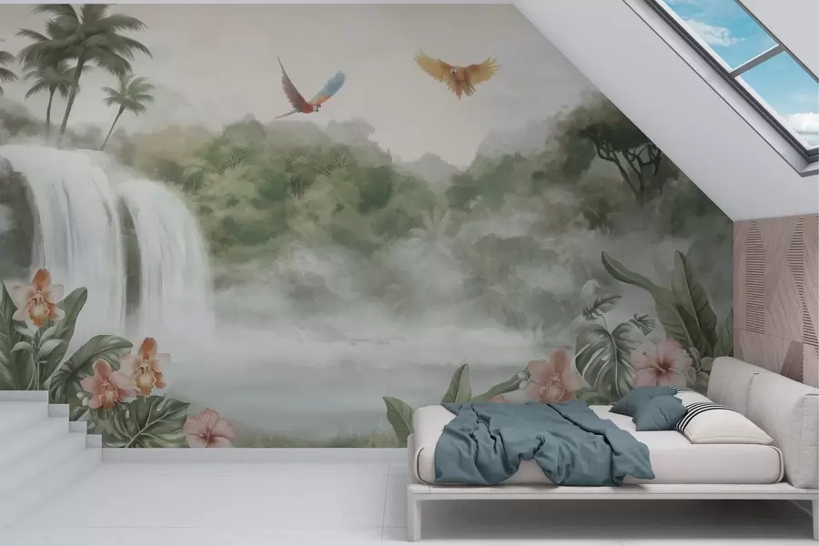 fototapet Peisaj tropical cu cascadă, iaz, flori și păsări w02127