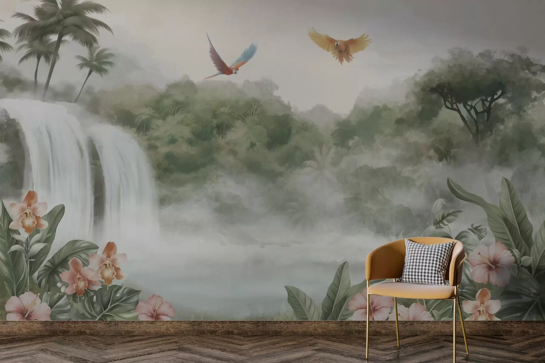 fototapet Peisaj tropical cu cascadă, iaz, flori și păsări w02127